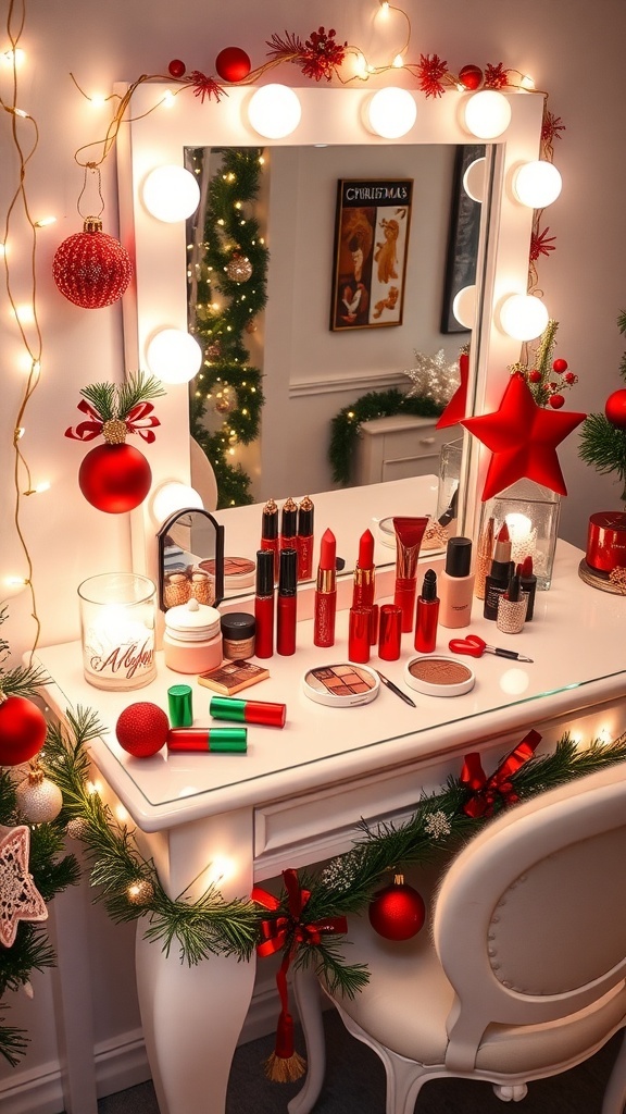 A festive Christmas makeup vanity with ornaments, colorful makeup products, and fairy lights.